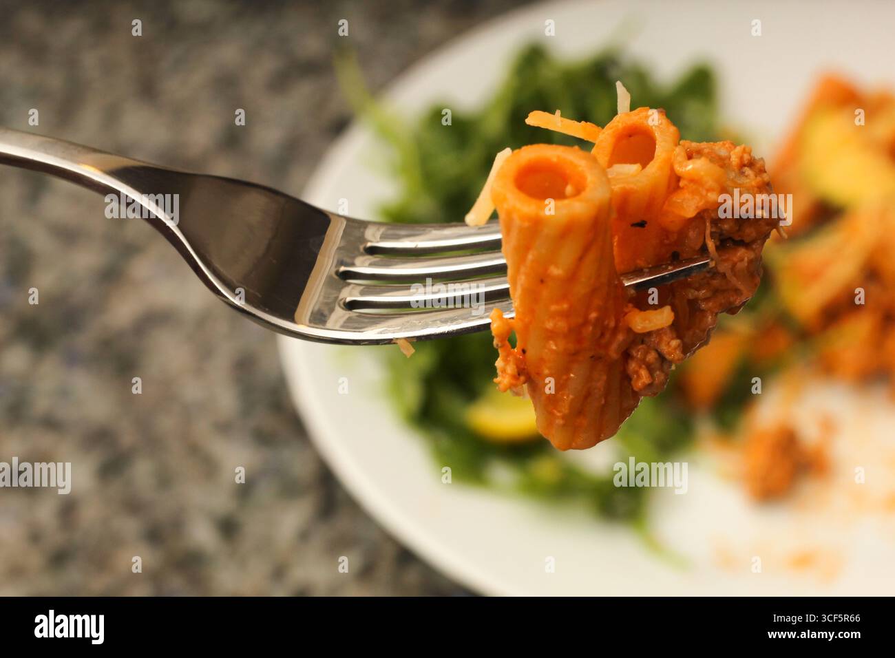 Nahaufnahme des Bisses von zubereitetem Rigatoni-Pasta-Gericht auf der Gabel Stockfoto
