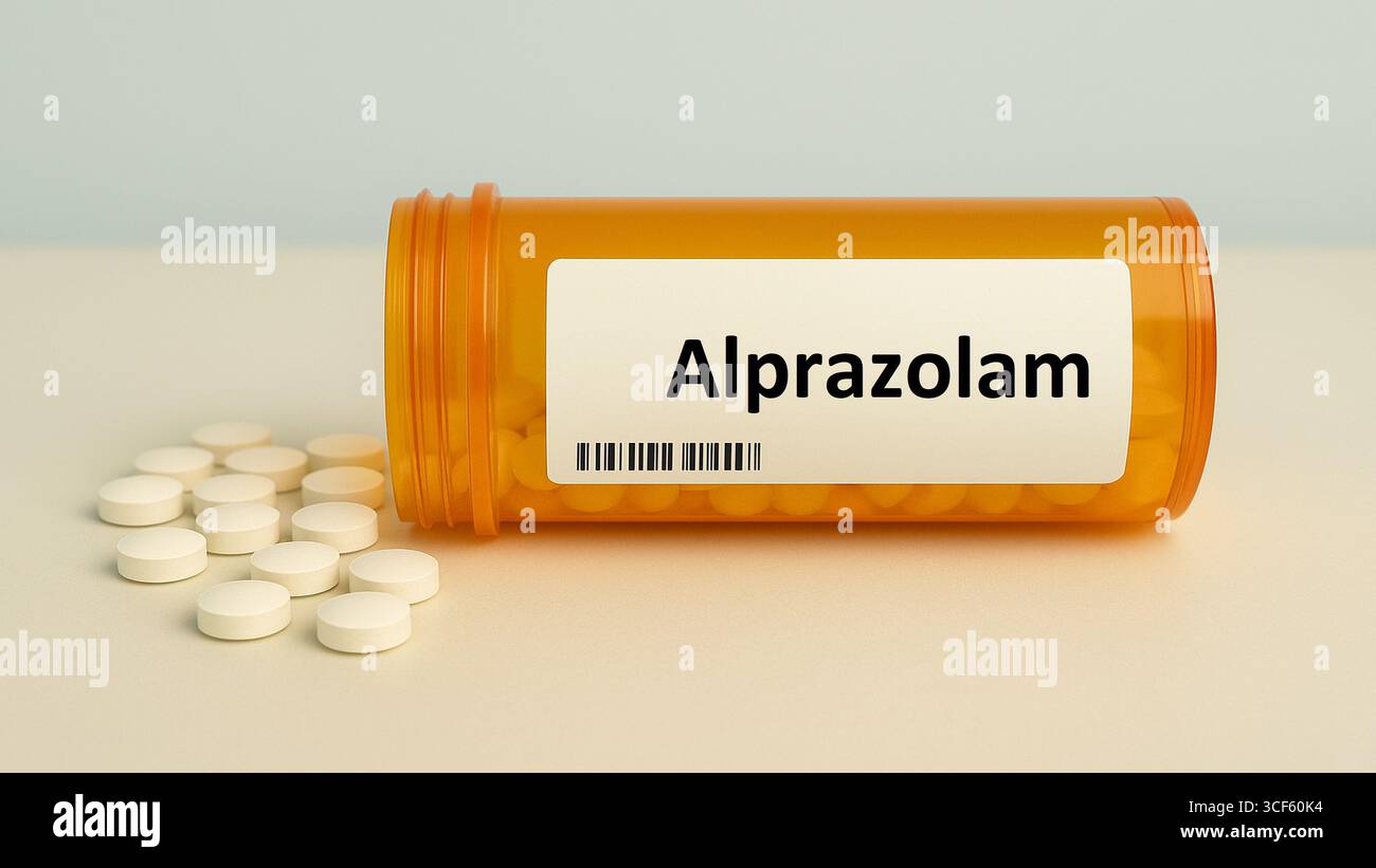 Alprazolam Tabletten zur Behandlung von Angstzuständen und Panikstörungen, kurzfristige Benzodiazepin-Behandlung. Stockfoto