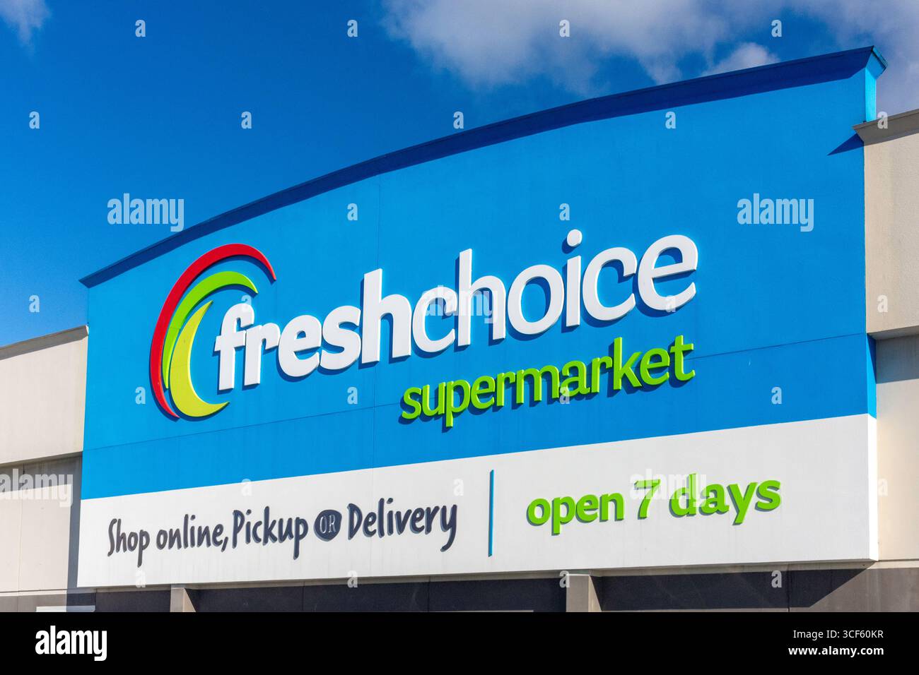 Fresh Choice Supermarktschild in der Barrington Shopping Mall, Barrington Street, Spreydon, Christchurch (Ōtautahi), Canterbury, Neuseeland Stockfoto