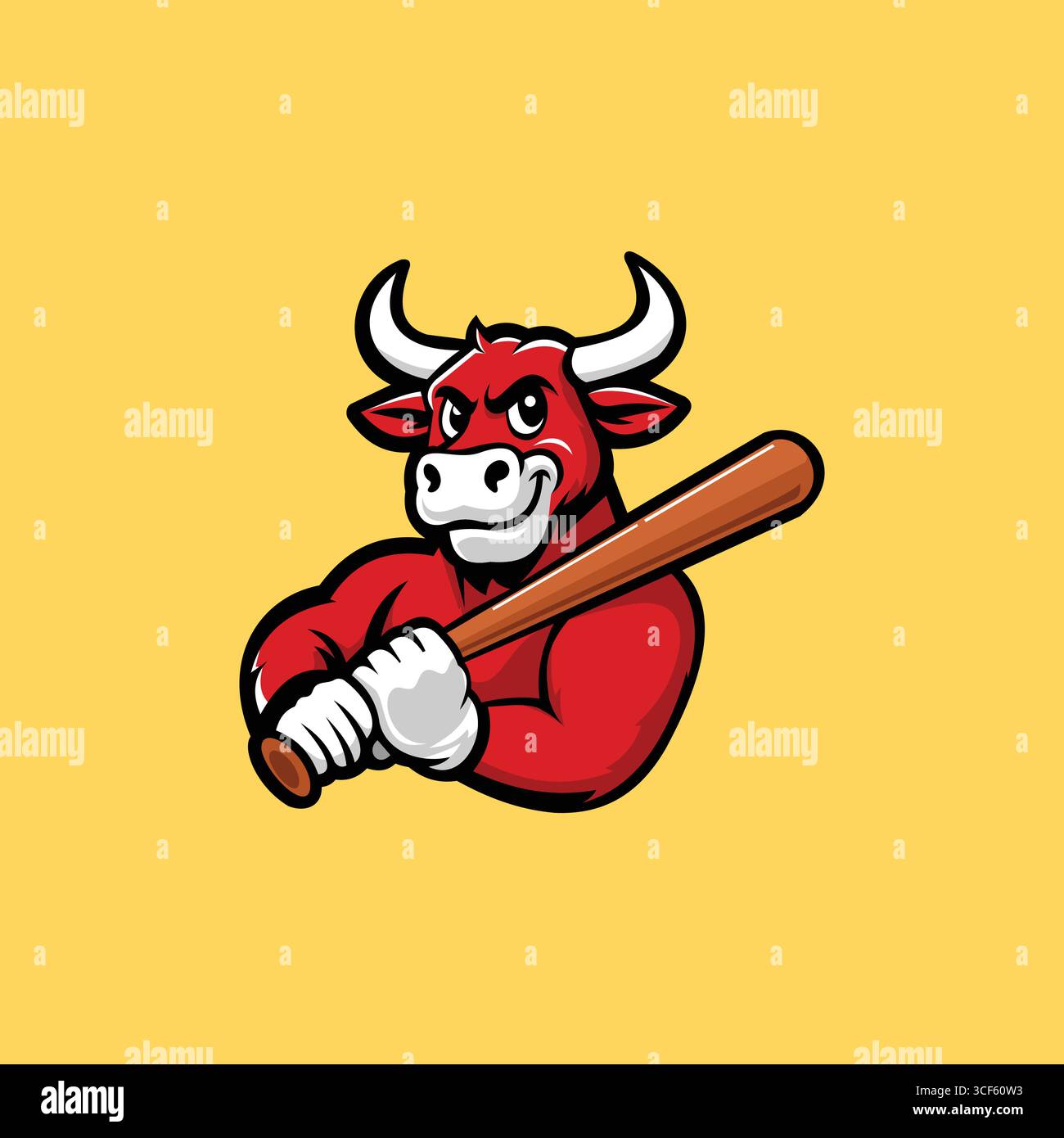 Cartoon Bull Baseball Vektor in rot, weiß, schwarz, grau und braun auf weichem gelbem Hintergrund Stock Vektor