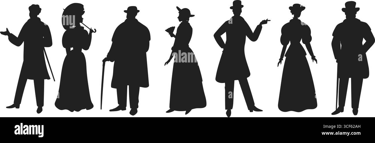 Männer und Frauen in Retro-Kleidung. Schwarze Silhouetten des viktorianischen Volkes. Klassische Kleidung. Dandy Smoking. Vintage-Kleid. Europäische Aristokraten. Edelmann Stock Vektor