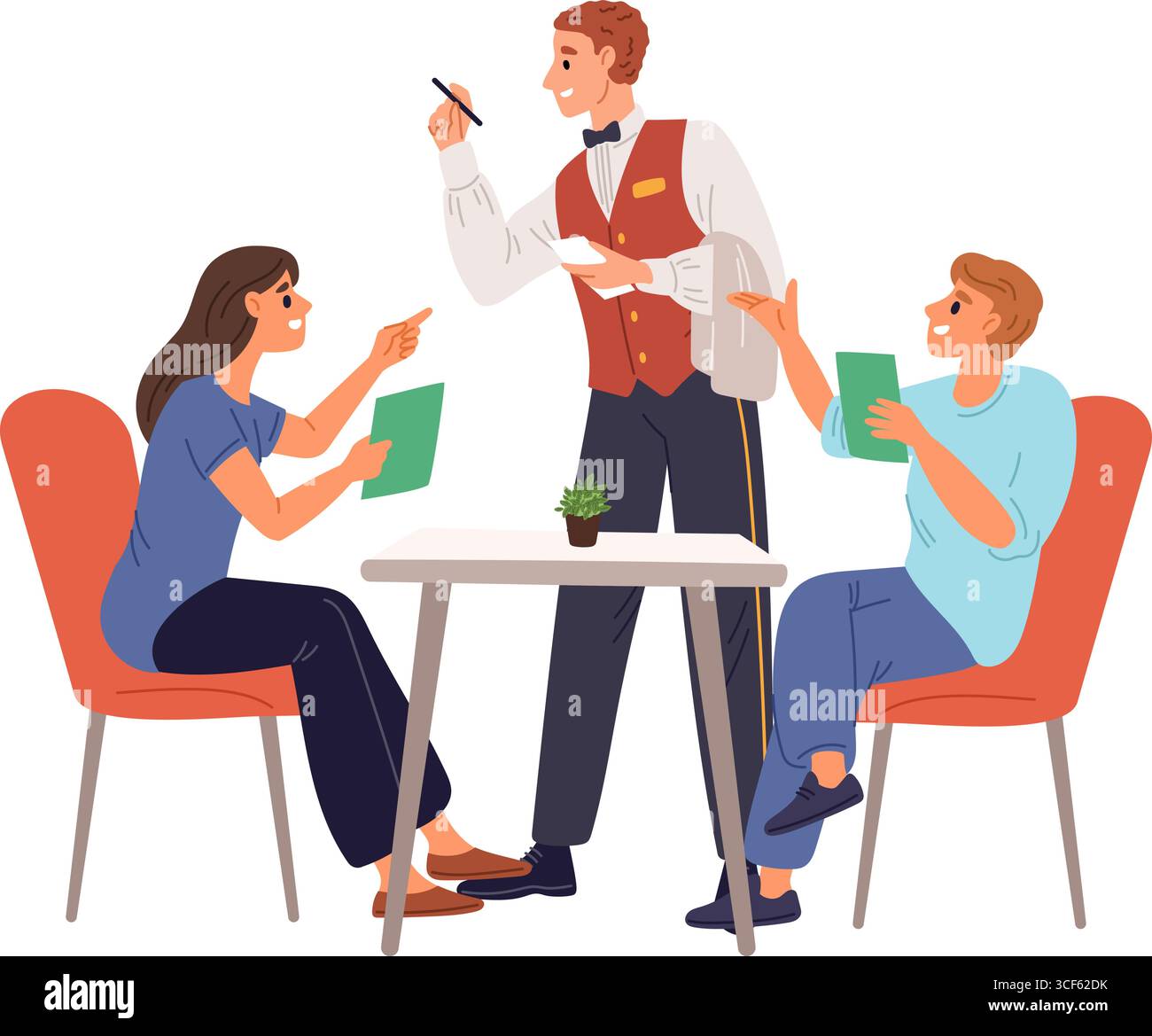 Mann und Frau sitzen am Tisch im Café und bestellen Essen vom Menü bis zum Kellner. Abendessen im Restaurant. Ein Paar sitzt zusammen am Esstisch. Mittagessen in Stock Vektor
