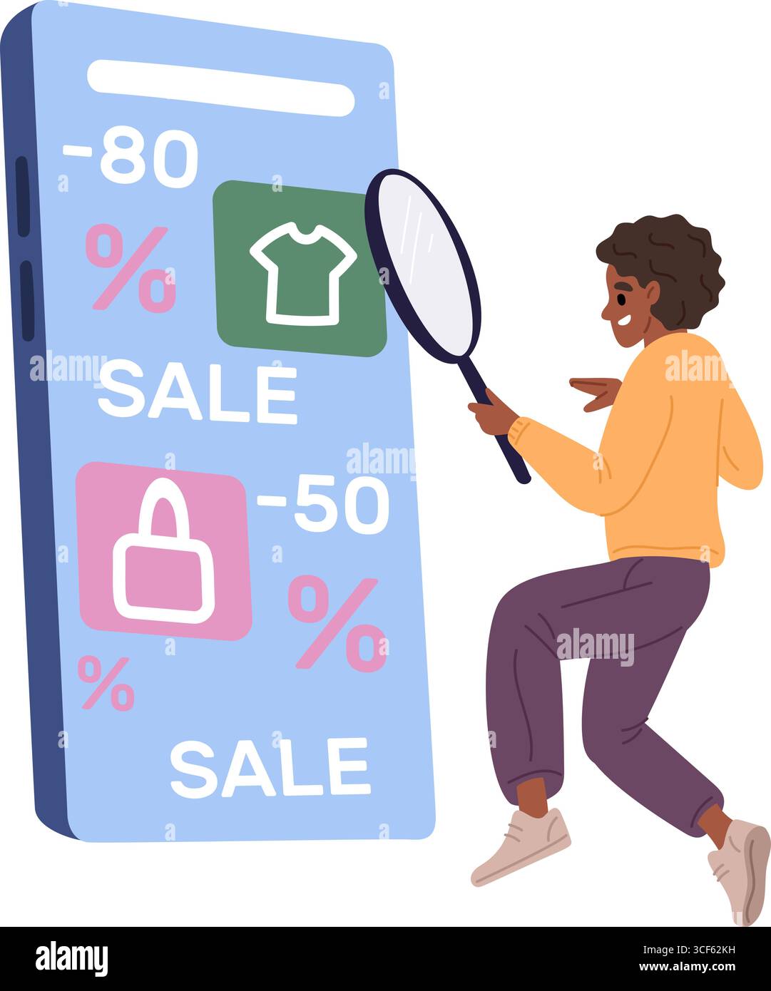 Fröhliche Frau sucht ihr Smartphone nach Rabatten. Kunden, die Verkäufe auf Marketplace-Site-Angeboten finden. Online-Shopping-App. Käufer mit Lupe Stock Vektor