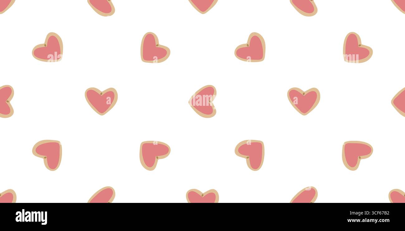 Dessertmuster Für Seamless Heart Cookie. Herzförmige Kekse mit rosa Glasur im flachen Cartoon-Stil. Nahtloses süßes Muster auf weißem Hintergrund. Stock Vektor