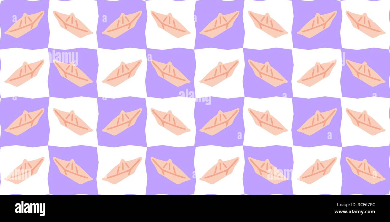 Nahtloses Origami-Papierboot-Muster. Verspielte Origami-Papierboote im flachen Cartoon-Stil. Nahtloses Sommermuster für die Kindheit mit welligem Lila und weißem B Stock Vektor