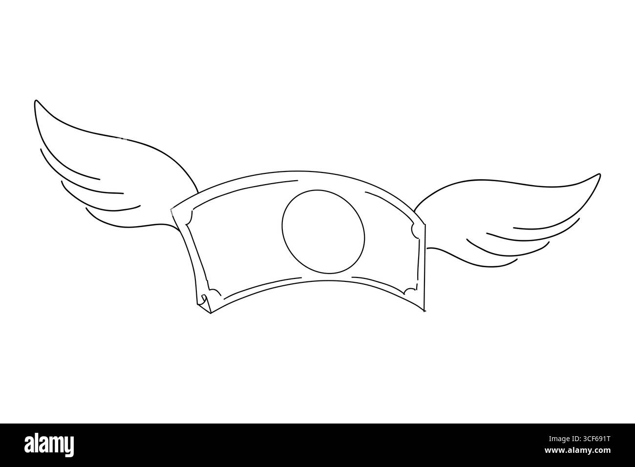 Fliegende Geldkritzelscheine mit handgezeichneten Flügeln. Zeilenbetrag Bargeld. Einfaches Gliedersymbol. Vektorabbildung Stock Vektor