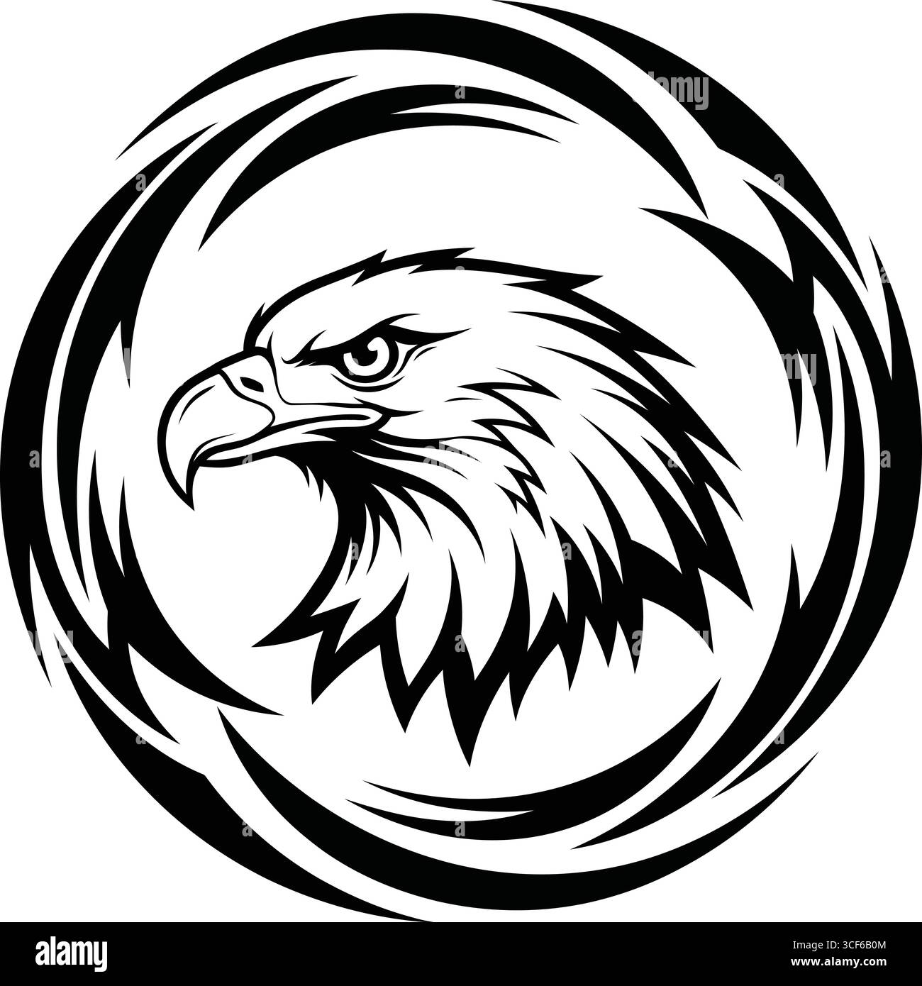 Eine auffällige schwarz-weiße Illustration eines wilden Adlerkopfes, im Stammesstil mit scharfen, kantigen Linien und detaillierten Federn. Der Adler“ Stock Vektor