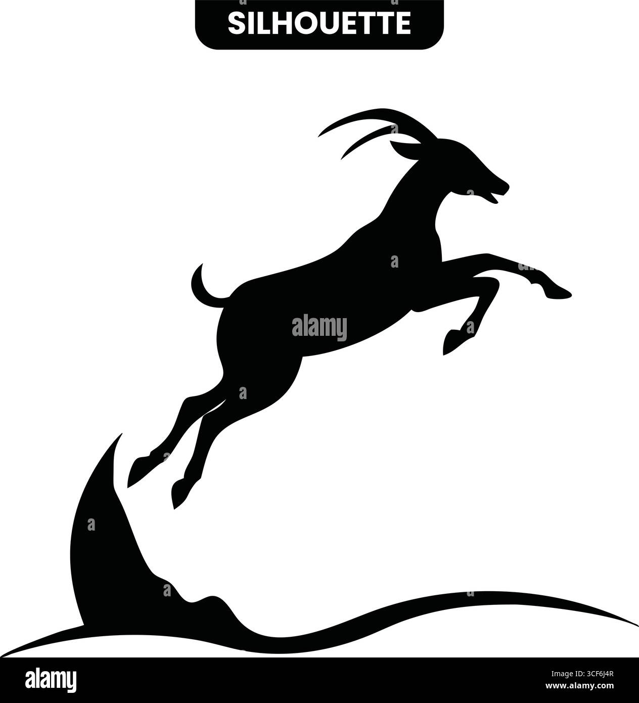 Eine auffällige schwarze Silhouette eines Steinbocks oder einer Bergziege, die stolz vor einem Hintergrund stilisierter Berge und Wolken steht. Perfekt für die Natur und Stock Vektor