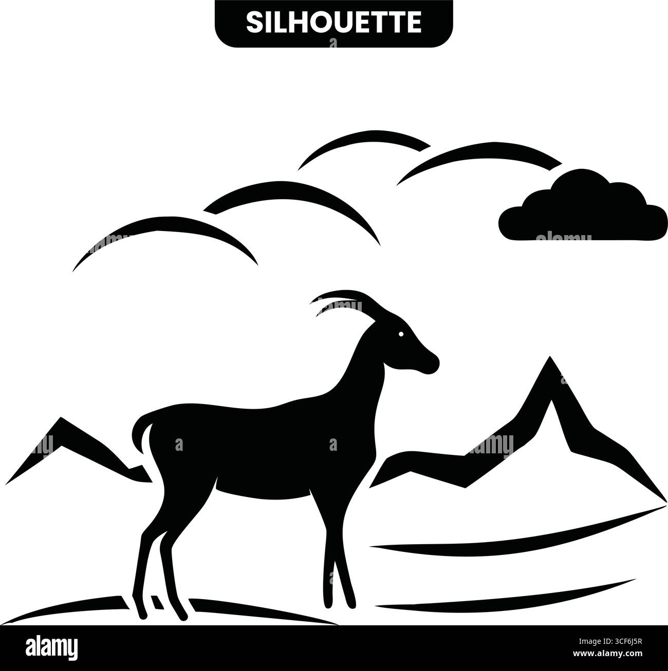 Eine auffällige schwarze Silhouette eines Steinbocks oder einer Bergziege, die stolz vor einem Hintergrund stilisierter Berge und Wolken steht. Perfekt für die Natur und Stock Vektor