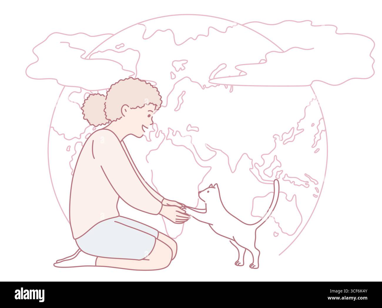 Eine Person interagiert freudig mit einer Katze vor einer lebendigen Kulisse, die die ganze Welt repräsentiert Stock Vektor