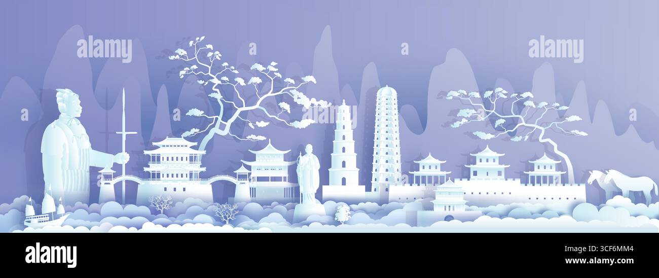 Reisen Sie das Wahrzeichen China Xian Stadt mit alten Kriegern, Pferden und Segelbooten, Tour Wahrzeichen Retro in die Geschichte mit Panoramablick auf die Stadt beliebte Hauptstadt, Stock Vektor