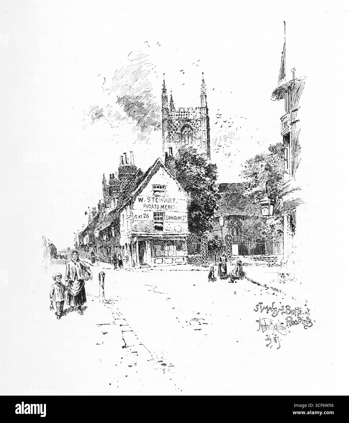 W. Stewart, Potato Merchant fängt eine belebte Leseszene in der Nähe von St. Mary’s Butts ein. Eine Frau und Kinder spazieren auf Kopfsteinpflaster unter Schildern zur Shire Hall, St. Peter’s Church und zum Postamt. Hinter traditionellen Gebäuden erhebt sich ein gotischer Turm. Die Komposition verbindet bürgerliche Architektur, Wohnbewegung und kommerzielle Beschilderung und erinnert an urbanen Rhythmus des späten 19. Jahrhunderts und geschichtsträchtige historische Präsenz. Illustrationen, die erstmals 1888 von Richard Clay and Sons in dem Buch Coaching Days and Coaching Ways von W. Outram Tristram veröffentlicht wurden. Die Illustratoren waren Herbert Railton und Hugh Thomson. Stockfoto