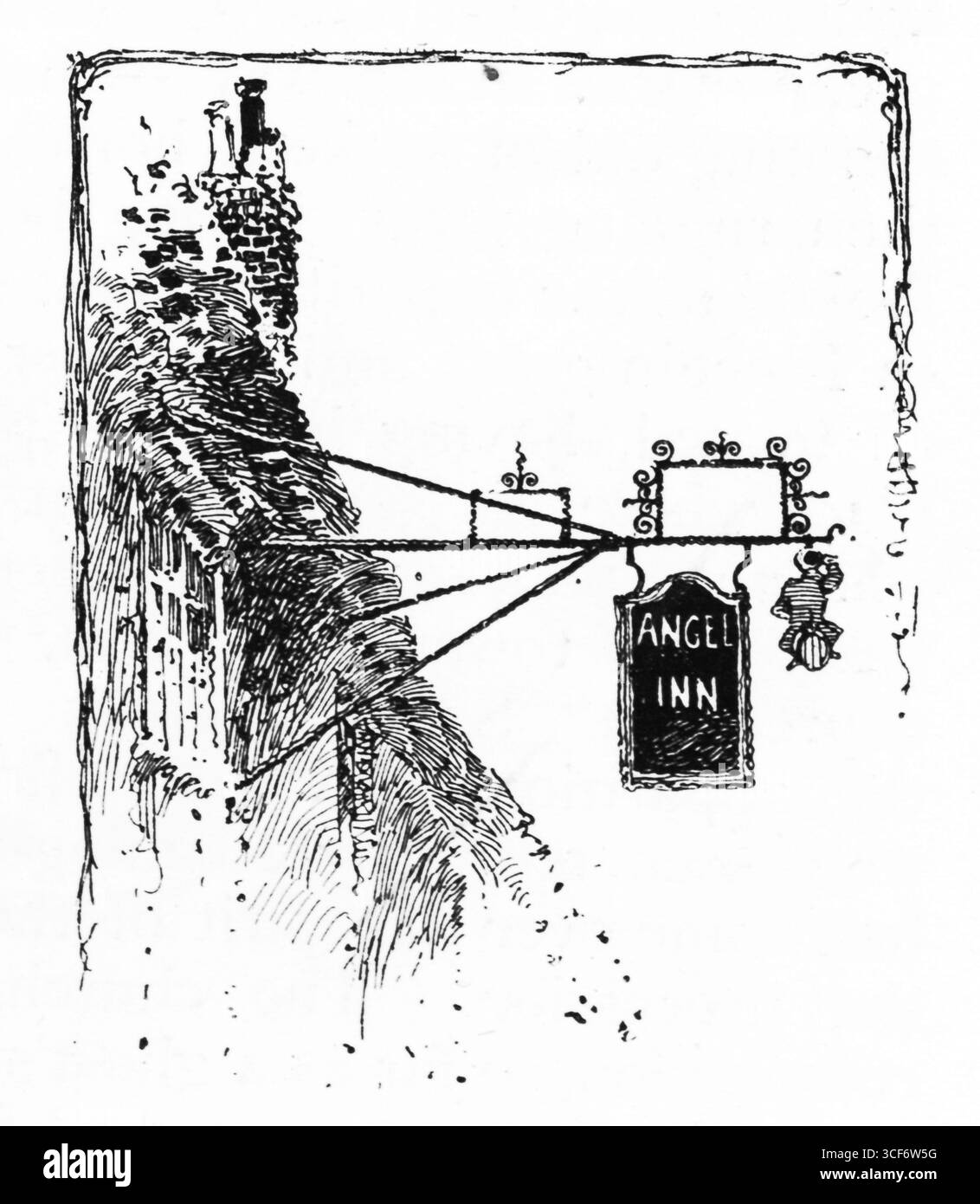 An schmiedeeisernen Klammern hängt ein reich verziertes inn-Schild mit der Aufschrift „ANGEL INN“ in feiner Serifenschrift. Unter ihm gibt eine kleine geflügelte Figur – wahrscheinlich ein Engel – Witz und Charme. Das steil geneigte Dach und der Schornstein deuten auf Tudor- oder frühe georgianische Architektur hin. Diese eindrucksvolle Skizze fängt den Charakter der historischen Gastfreundschaft Woolhampton ein und verbindet künstlerisches Flair mit architektonischem Erbe. Illustration wurde erstmals 1888 von Richard Clay and Sons in dem Buch Coaching Days and Coaching Ways von W. Outram Tristram veröffentlicht. Die Illustratoren waren Herbert Railton und Hugh Thomson. Stockfoto