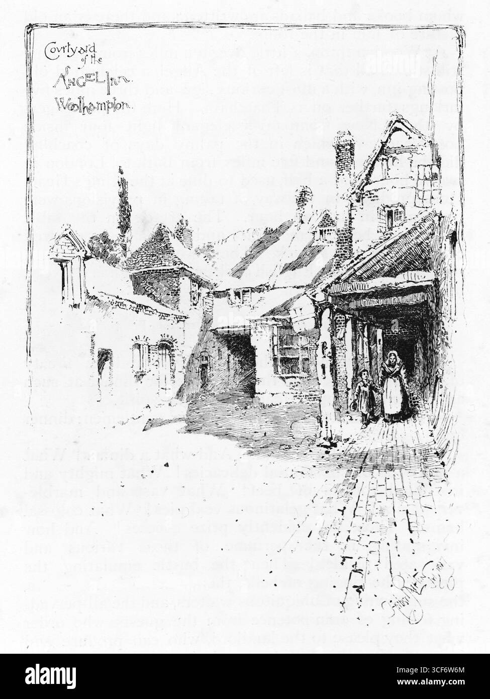 Eine enge Passage führt in den ruhigen Innenhof des Angel Inn, Woolhampton. Fachwerkhäuser mit geneigten Dächern und Schornsteinen umschließen den Raum. Eine Frau in historischen Kleidern steht unter einem überdachten Gang, eingerahmt von Holzbalken. Die Schattierungen und architektonischen Details der Skizze erinnern an eine nostalgische Stille – einen intimen Einblick in die ländliche Gastfreundschaft des 19. Jahrhunderts. Illustration wurde erstmals 1888 von Richard Clay and Sons in dem Buch Coaching Days and Coaching Ways von W. Outram Tristram veröffentlicht. Die Illustratoren waren Herbert Railton und Hugh Thomson. Stockfoto