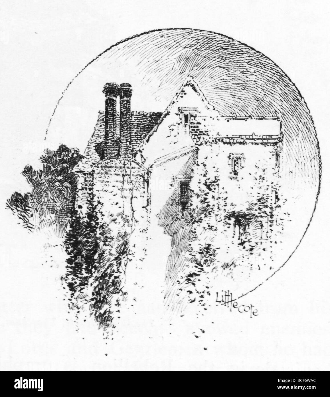 Littlecote erscheint eingebettet in Laub, sein steiles Dach und zwei Kamine ragen von einer rustikalen Steinfassade. Der kreisförmige Rahmen und die gepunktete Textur erinnern an einen ruhigen, pastoralen Charme. Feine Linien deuten auf Alter und Solidität hin, während die umliegenden Bäume die Form der Struktur weicher machen. Der handgeschriebene Titel verankert die Szene mit persönlicher, fast literarischer Intimität. Illustration wurde erstmals 1888 von Richard Clay and Sons in dem Buch Coaching Days and Coaching Ways von W. Outram Tristram veröffentlicht. Die Illustratoren waren Herbert Railton und Hugh Thomson. Stockfoto