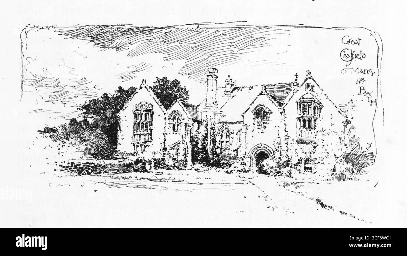 Das Great Chatfield Manor erhebt sich in Efeu-verkleideten Steinen, seine spitzen Bogenfenster und Giebeldächer erinnern an kirchliche Eleganz. Ein großer bogenförmiger Eingang ankert die Fassade, eingerahmt von dichter Vegetation. Die feine Linienführung und die Schattierung verleihen Tiefe und Alter, während die handgeschriebene Unterschrift die Szene in der Nähe von Bath positioniert und architektonische Hochmut mit pastoraler Ruhe verbindet. Illustration wurde erstmals 1888 von Richard Clay and Sons in dem Buch Coaching Days and Coaching Ways von W. Outram Tristram veröffentlicht. Die Illustratoren waren Herbert Railton und Hugh Thomson. Stockfoto Das Great Chatfield Manor erhebt sich in Efeu-verkleideten Steinen, seine spitzen Bogenfenster und Giebeldächer erinnern an kirchliche Eleganz. Ein großer bogenförmiger Eingang ankert die Fassade, eingerahmt von dichter Vegetation. Die feine Linienführung und die Schattierung verleihen Tiefe und Alter, während die handgeschriebene Unterschrift die Szene in der Nähe von Bath positioniert und architektonische Hochmut mit pastoraler Ruhe verbindet. Illustration wurde erstmals 1888 von Richard Clay and Sons in dem Buch Coaching Days and Coaching Ways von W. Outram Tristram veröffentlicht. Die Illustratoren waren Herbert Railton und Hugh Thomson. Stockfoto