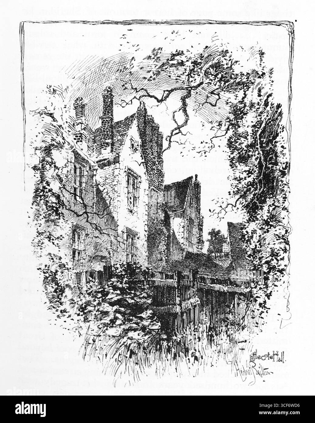 Die Littlecote Hall tritt durch dichtes Laub hervor, die steil geneigten Dächer und die gegliederten Kamine bilden eine geschichtete Silhouette. Die hohen, schmalen Gebäude weisen auf Tudor- oder gotische Einflüsse hin, die in feiner schwarz-weißer Linienführung dargestellt sind. Eine raue, handgezeichnete Grenze umschließt die Szene und verstärkt ihre atmosphärische Tiefe und historische Resonanz. Die abgewinkelte Perspektive sorgt für Realismus und ruhige Pracht. Illustration wurde erstmals 1888 von Richard Clay and Sons in dem Buch Coaching Days and Coaching Ways von W. Outram Tristram veröffentlicht. Die Illustratoren waren Herbert Railton und Hugh Thomson. Stockfoto