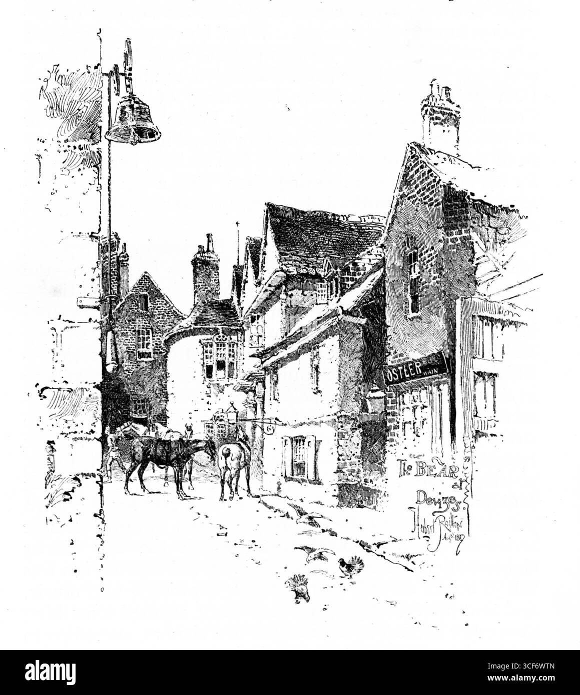 Zwei Pferde stehen ruhig auf einer Kopfsteinpflasterstraße in Devizes, begleitet von einer Einzelfigur. Giebeldächer und Schornsteine säumen die enge Gasse und erinnern an die Intimität einer Stadt aus der Zeit der Kutschen. Die monochrome Skizze fängt architektonischen Charme und die Präsenz der Pferde mit ruhiger Präzision ein und deutet auf einen Moment der Pause in einer geschichtsträchtigen Straßenlandschaft hin. Illustration wurde erstmals 1888 von Richard Clay and Sons in dem Buch Coaching Days and Coaching Ways von W. Outram Tristram veröffentlicht. Die Illustratoren waren Herbert Railton und Hugh Thomson. Stockfoto