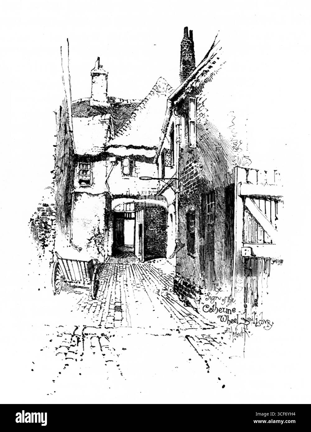 Das Catherine Wheel befindet sich in einem ruhigen Innenhof in Salisbury und zeigt eine Fassade aus Holz und Backstein, die von Kopfsteinpflaster und schrägen Dächern eingerahmt ist. Ein teilweise geöffnetes Holztor und eine Sitzbank deuten auf den häuslichen Rhythmus hin, während ein Bogengang im Hintergrund die Gebäude miteinander verbindet. Die Schwarzweißskizze fängt architektonische Textur und Dorfstille ein und erinnert an Charme und räumliche Intimität des 18. Jahrhunderts. Illustration wurde erstmals 1888 von Richard Clay and Sons in dem Buch Coaching Days and Coaching Ways von W. Outram Tristram veröffentlicht. Die Illustratoren waren Herbert Railton und Hugh Thomson. Stockfoto