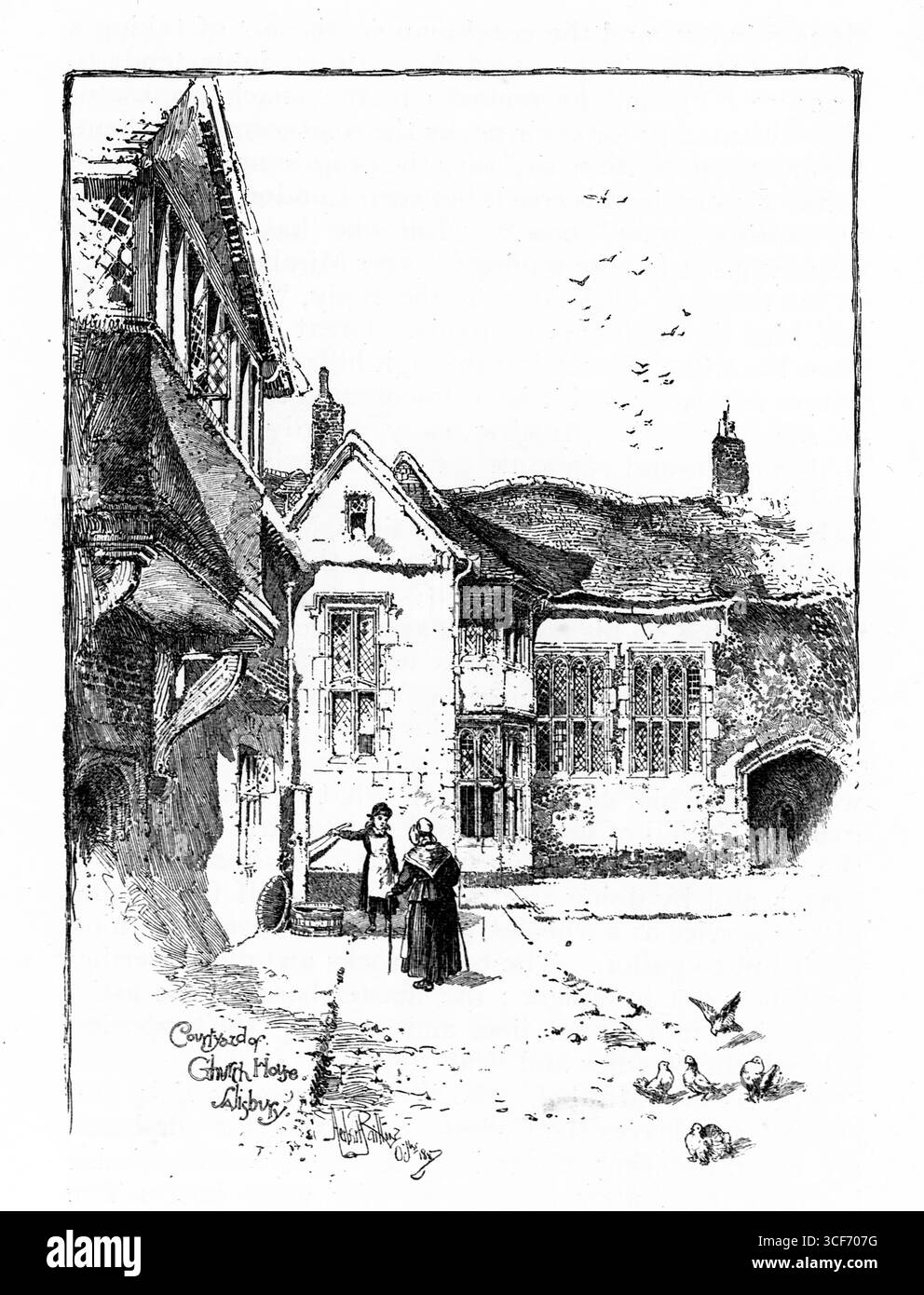 In einem gepflasterten Innenhof unterhalten sich zwei Frauen zwischen Fachwerkhäusern mit überhängenden oberen Stockwerken. Hühner picken auf den Boden, und Vögel radeln über den Schornstein. Die Szene erinnert an eine ruhige Häuslichkeit und einen volkstümlichen Charme, eingerahmt von architektonischer Textur und ländlichem Rhythmus. Die Kulisse ist Church House, Salisbury, mit historischer Intimität und kompositorischer Anmut. Illustration wurde erstmals 1888 von Richard Clay and Sons in dem Buch Coaching Days and Coaching Ways von W. Outram Tristram veröffentlicht. Die Illustratoren waren Herbert Railton und Hugh Thomson. Stockfoto