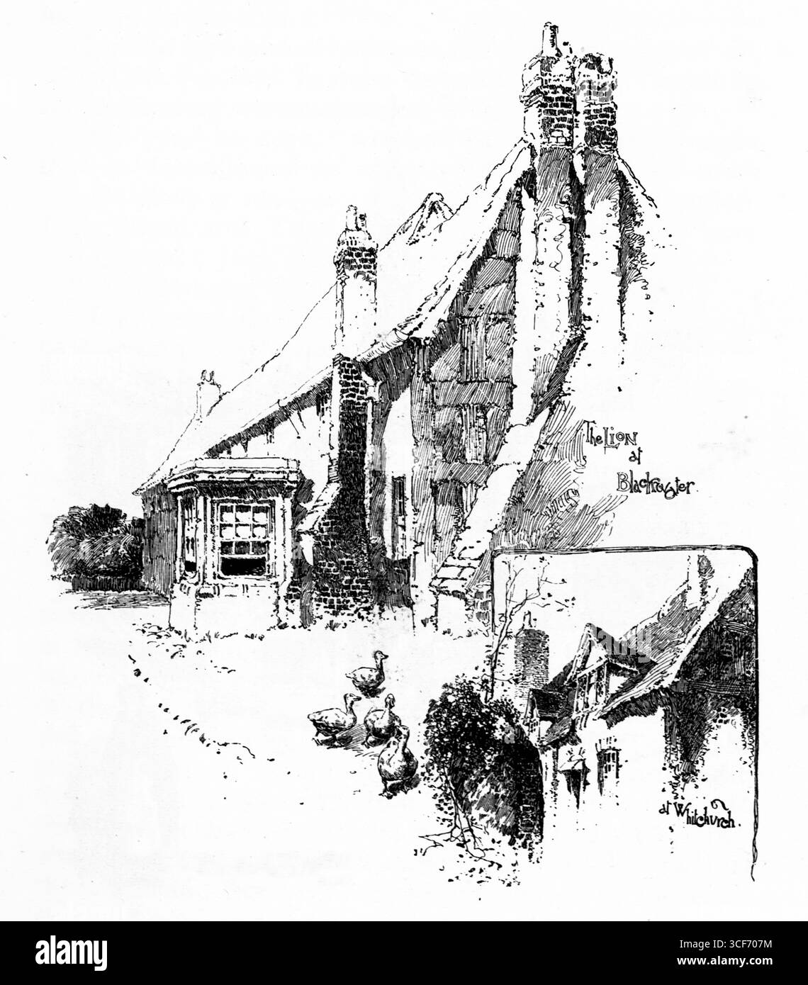 The Lion, Blackwater und Whitchurch (Inset). Ein strohgedecktes Cottage steht zwischen Bäumen und Mauerwerk, seine Schornsteine ragen über eine ruhige ländliche Szene. Ein hölzernes Nebengebäude schmiegt sich an die Seite. Die Komposition verbindet architektonische Solidität mit pastoraler Weichheit. Eine Einstiegsansicht bietet einen zweiten Winkel, der das Gefühl von Ort und Kontinuität über Blackwater und Whitchurch verstärkt. Illustration wurde erstmals 1888 von Richard Clay and Sons in dem Buch Coaching Days and Coaching Ways von W. Outram Tristram veröffentlicht. Die Illustratoren waren Herbert Railton und Hugh Thomson. Stockfoto