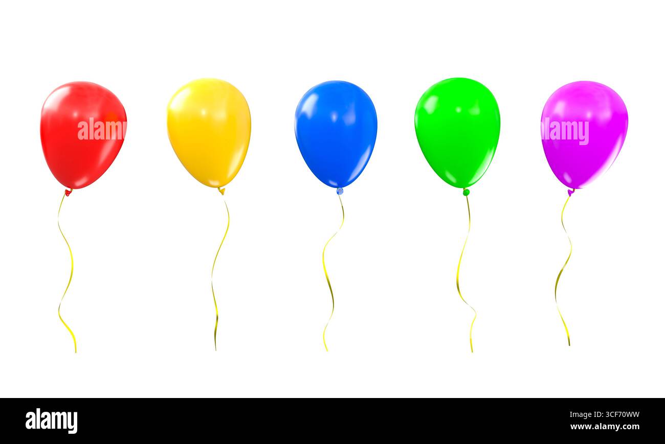 Fünf bunte Ballons, die im 3D-isolierten Hintergrund schweben Stockfoto