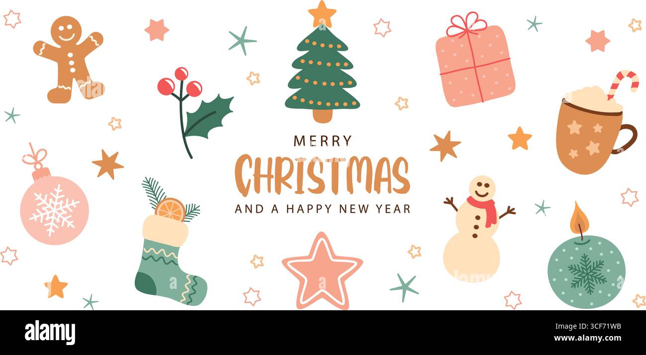 Nette weihnachtsgrußkarte mit Dekoration Winter Elemente isolierte Vektor-Illustration Stock Vektor