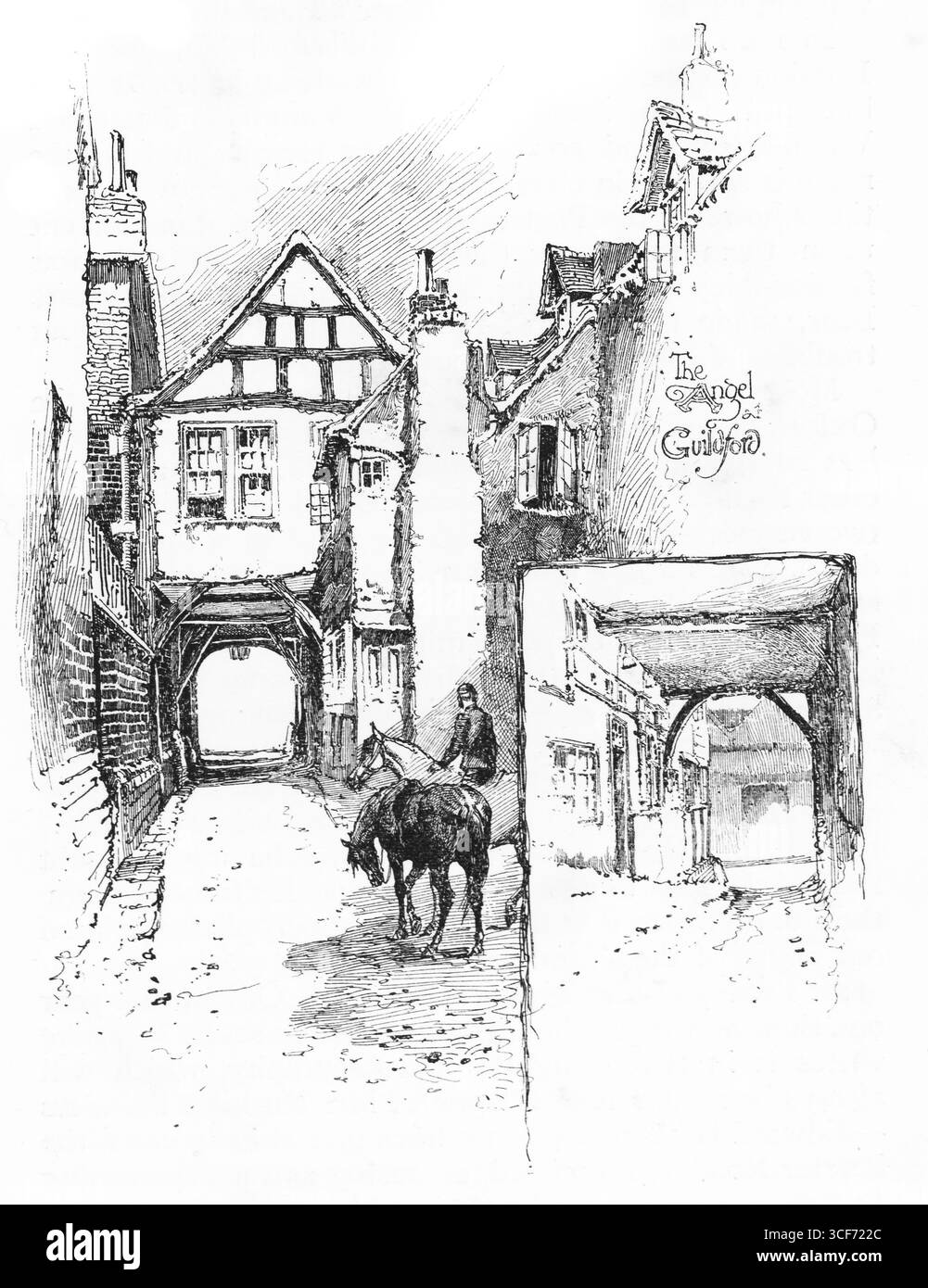 Ein Mann führt sein Pferd unter das Angel Gateway, wo Fachwerkhäuser über Kopfsteinpflasterstraßen im historischen Herzen Guildfords neigen. Giebeldächer und Schornsteine ragen über dem Bogen hervor, während ein Insert das innere und das schattige Innere des gasthauses sichtbar macht. Die Szene erinnert an jahrhundertelange Reisen, Unterkünfte und architektonische Kontinuität – in monochromen Farben mit erzählerischer Anmut und Textur. Illustration wurde erstmals 1888 von Richard Clay and Sons in dem Buch Coaching Days and Coaching Ways von W. Outram Tristram veröffentlicht. Die Illustratoren waren Herbert Railton und Hugh Thomson. Stockfoto