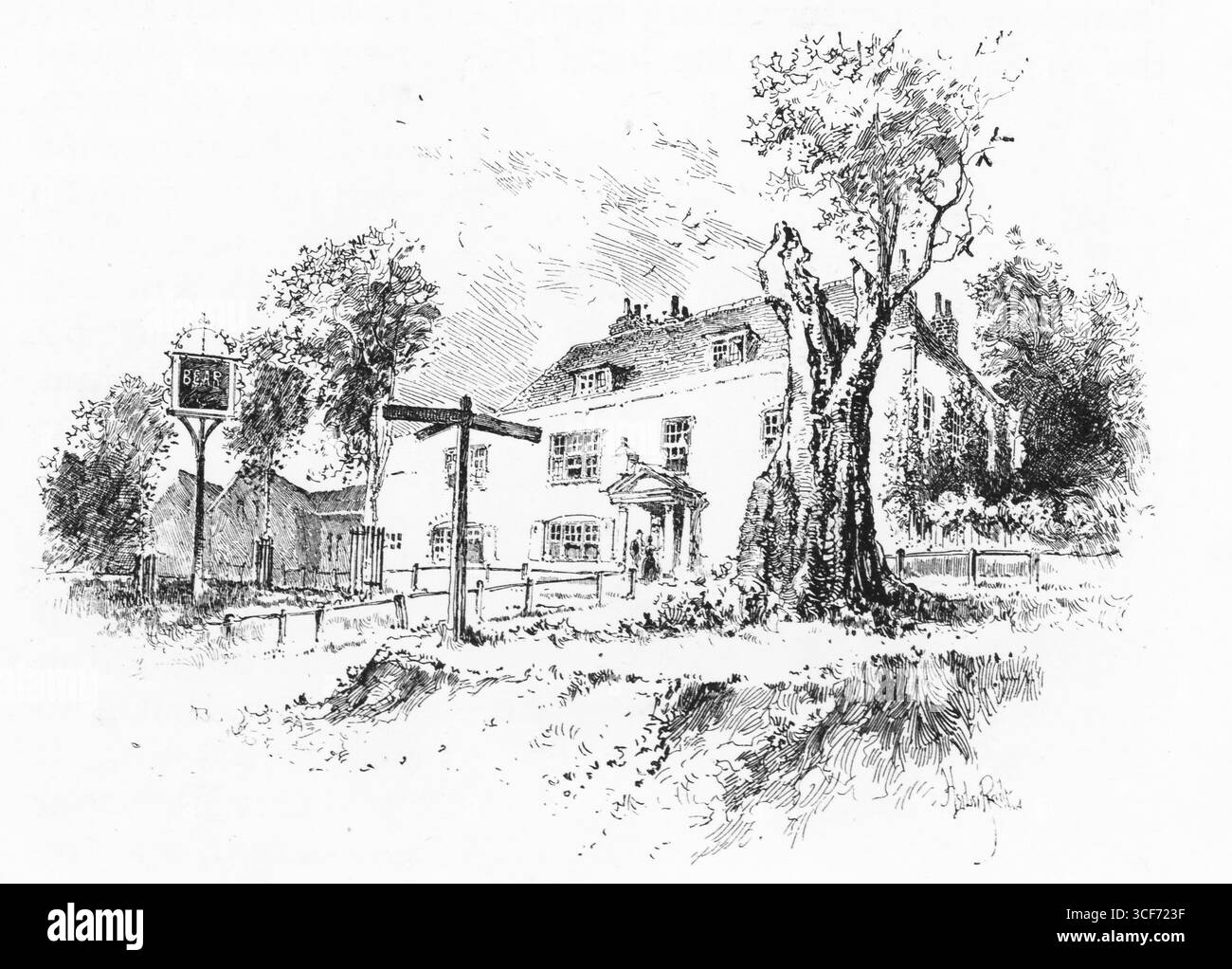 Der Bär in Esher steht hinter einem verwitterten Wegweiser und einem alten Baum, seine Fassade mit mehreren Fenstern und die Veranda, die von Zaun und Laub eingerahmt ist. Vögel bewegen sich über der Dachlinie, und Richtungsschilder geben Hinweise auf die Routen von Vergangenheit und Gegenwart. Die Skizze erinnert an ländliche Gastfreundschaft und Wegbeschaffenheit – ein gasthaus als Zufluchtsort und Wahrzeichen in Englands bewaldeten Gassen. Illustration wurde erstmals 1888 von Richard Clay and Sons in dem Buch Coaching Days and Coaching Ways von W. Outram Tristram veröffentlicht. Die Illustratoren waren Herbert Railton und Hugh Thomson. Stockfoto