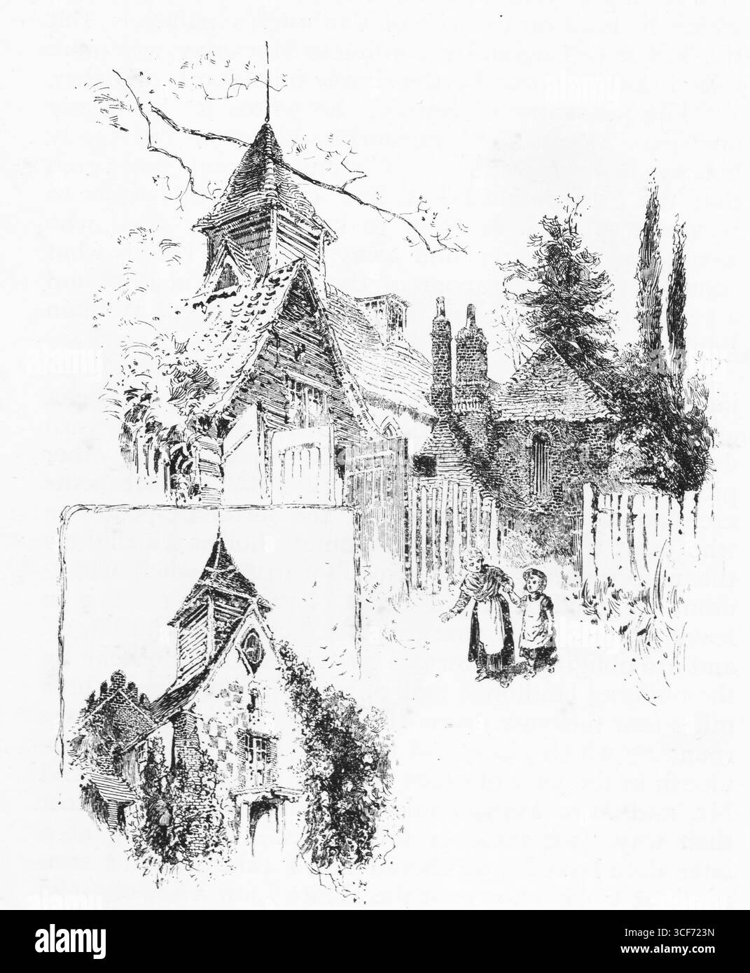 Hinter einem weißen Pflückzaun gelegen, steht die alte Kirche von Esher mit steilen Giebeln und einem bescheidenen Kirchturm, dessen Charme durch Laub und ländliche Ruhe gemildert wird. Kinder gehen den Weg in der Nähe und verleihen der nostalgischen Szene Wärme. Die eingelassene Ansicht zeigt Efeuverkleidete Wände und ein ruhiges Gehege, in dem Erinnerung und Architektur sanft ineinander greifen. Illustration wurde erstmals 1888 von Richard Clay and Sons in dem Buch Coaching Days and Coaching Ways von W. Outram Tristram veröffentlicht. Die Illustratoren waren Herbert Railton und Hugh Thomson. Stockfoto Hinter einem weißen Pflückzaun gelegen, steht die alte Kirche von Esher mit steilen Giebeln und einem bescheidenen Kirchturm, dessen Charme durch Laub und ländliche Ruhe gemildert wird. Kinder gehen den Weg in der Nähe und verleihen der nostalgischen Szene Wärme. Die eingelassene Ansicht zeigt Efeuverkleidete Wände und ein ruhiges Gehege, in dem Erinnerung und Architektur sanft ineinander greifen. Illustration wurde erstmals 1888 von Richard Clay and Sons in dem Buch Coaching Days and Coaching Ways von W. Outram Tristram veröffentlicht. Die Illustratoren waren Herbert Railton und Hugh Thomson. Stockfoto