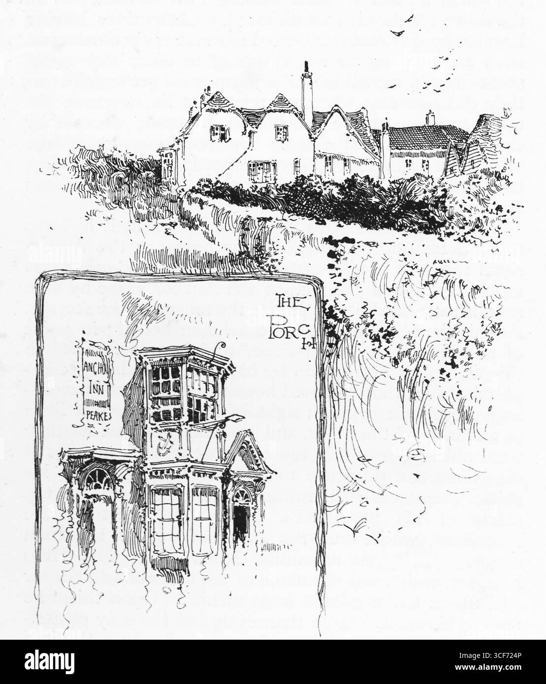 Der Anchor in Liphook liegt hinter Hecken und geneigten Dächern, seine ruhige Fassade erinnert an ländliche Gastfreundschaft. Vögel radeln über den Schornsteinen, während der Innenbereich „die Veranda“ zeigt – ein Fachwerkeingang mit Erkerfenster und hängendem Schild, reich an volkstümlichem Charme. Gemeinsam empfehlen sie Ankunft und Begrüßung, wo Coaching Tradition auf architektonische Intimität und lokale Überlieferung trifft. Illustration wurde erstmals 1888 von Richard Clay and Sons in dem Buch Coaching Days and Coaching Ways von W. Outram Tristram veröffentlicht. Die Illustratoren waren Herbert Railton und Hugh Thomson. Stockfoto
