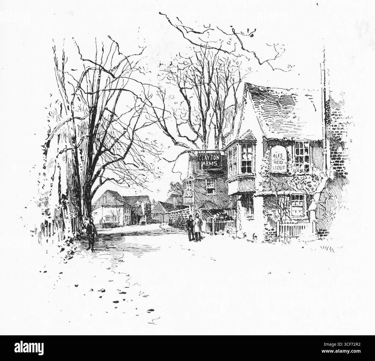 Blattlose Bäume säumen eine Dorfstraße, in der sich Fachwerkhäuser unter steilen Dächern tummeln. Das Clayton Arms steht im Vordergrund, seine Schilder bieten „ALES“ und „STOUT“ – ein Leuchtturm der Geselligkeit in der Kälte. Die Figuren schlendern oder verweilen und verleihen der Szene sanfte Bewegungen. Die Komposition erinnert an saisonale Stille, lokalen Charakter und dezente Gastfreundschaft. Illustration wurde erstmals 1888 von Richard Clay and Sons in dem Buch Coaching Days and Coaching Ways von W. Outram Tristram veröffentlicht. Die Illustratoren waren Herbert Railton und Hugh Thomson. Stockfoto