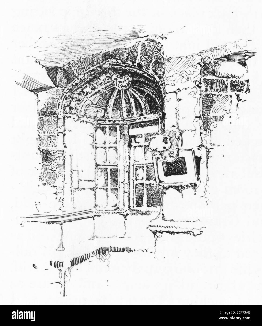 Der Engel, Grantham. Aus einer Steinfassade ragt ein fein gebogenes Erkerfenster hervor, dessen mehrverglastes Glas von strukturierten Blöcken und ein Schlussstein gedeihen. Die Handwerkskunst lässt eine ruhige Pracht vermuten, während eine kleine Tafel oder ein Schild diskret in der Nähe hängt. Die Komposition unterstreicht Granthams architektonische Tiefe, in der bürgerliche Eleganz und historische Details in einer einzigen ornamentalen Geste aufeinander treffen. Illustration wurde erstmals 1888 von Richard Clay and Sons in dem Buch Coaching Days and Coaching Ways von W. Outram Tristram veröffentlicht. Die Illustratoren waren Herbert Railton und Hugh Thomson. Stockfoto