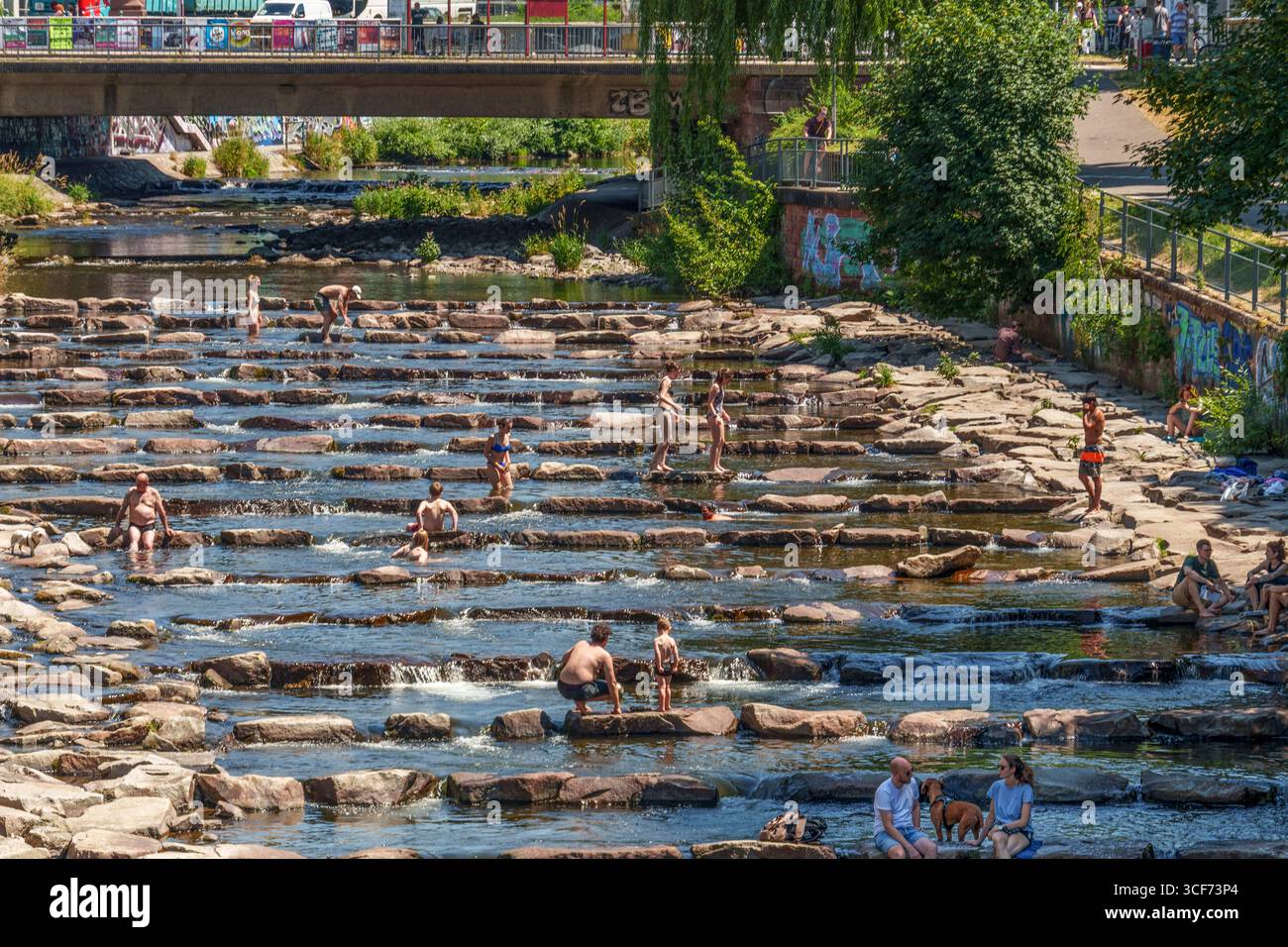 Abkühlung bei Sommerhitze in der Dreisam, Wassertreppen , Badestelle, Freiburg, Breisgau, Baden-Württemberg, Deutschland Stockfoto