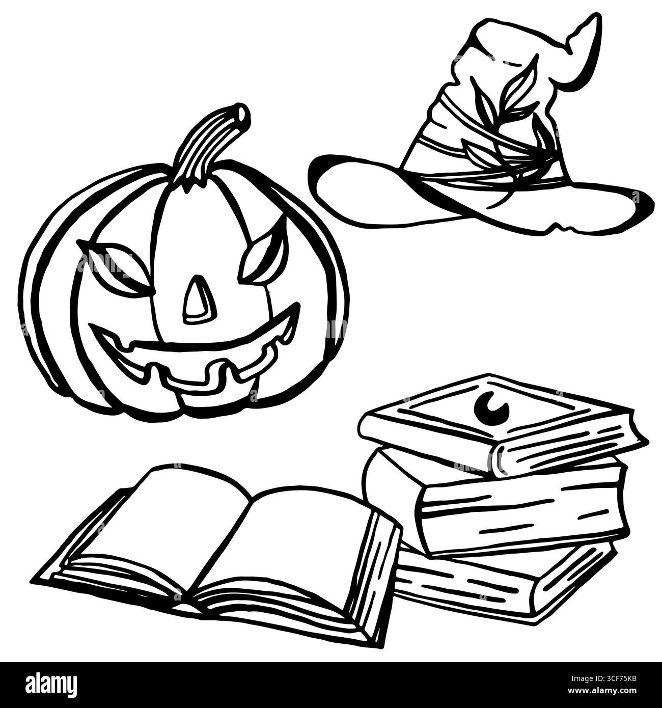 Lineare Halloween-Symbole ohne Hintergrund. Bilder von Kürbis, Büchern und Hexenhut Stockfoto