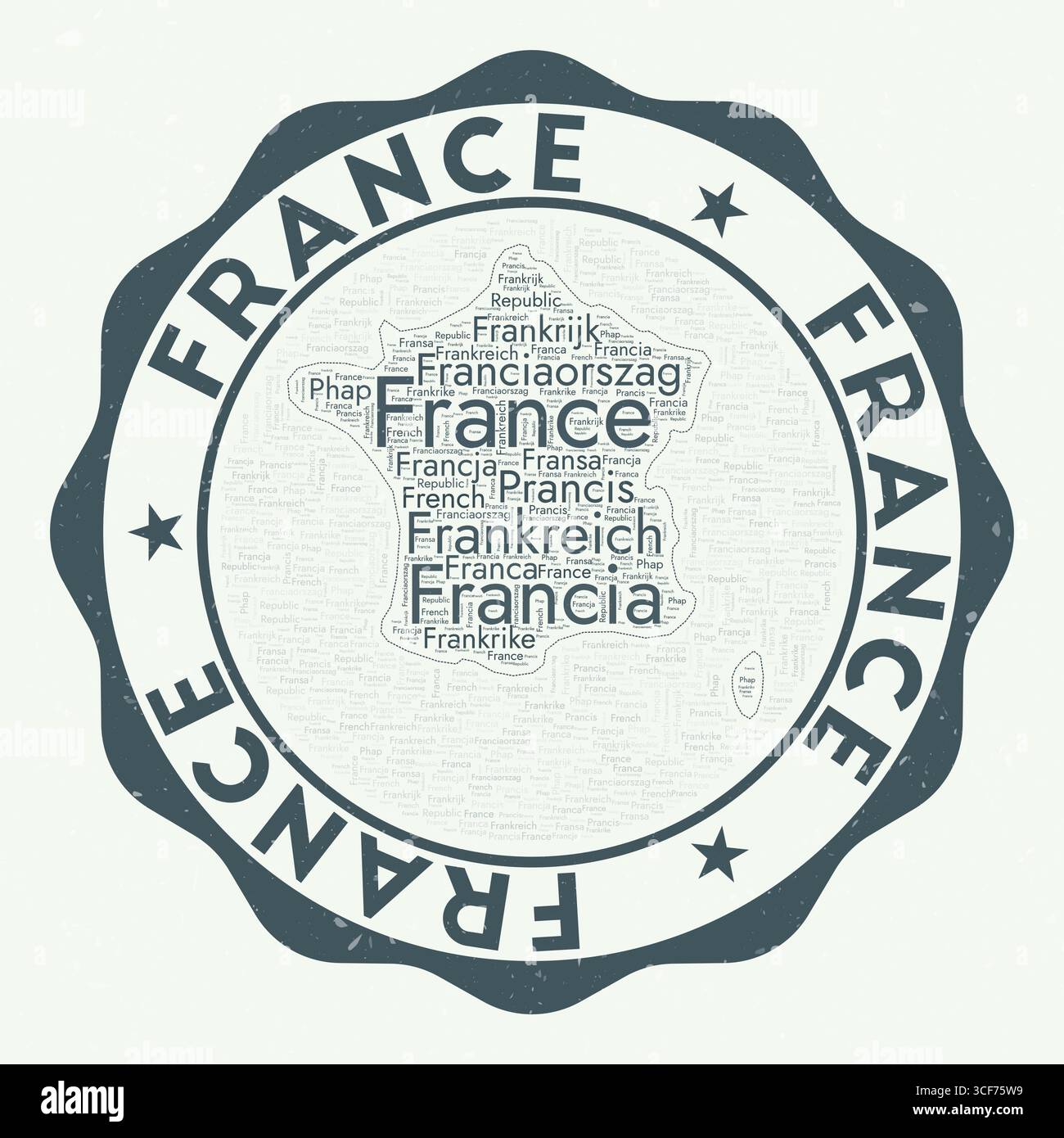 Frankreich-Logo. Authentisches Country-Abzeichen mit Wortwolke in Form von Frankreich. Rundes Emblem mit Ländername. Kreative Vektorillustration. Stock Vektor