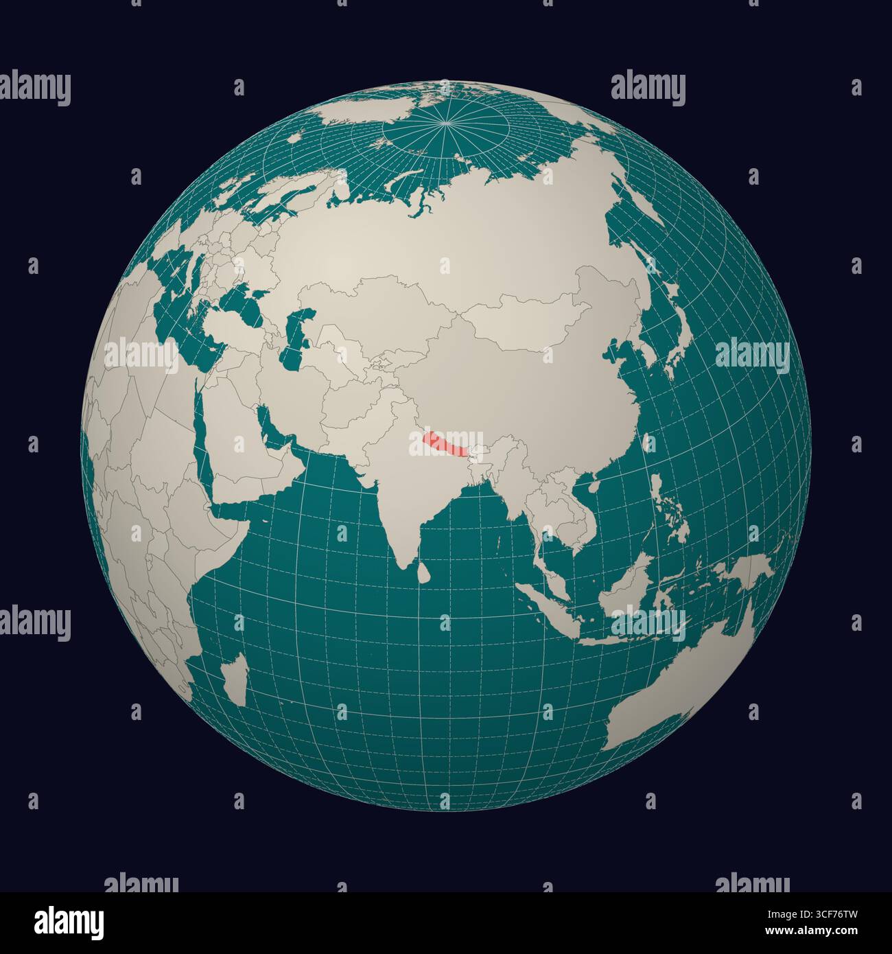 Nepal auf der Karte. Globus mit Schwerpunkt auf Nepal. Land auf der Weltkarte. Farbpalette Teal Pale Mint. Stock Vektor