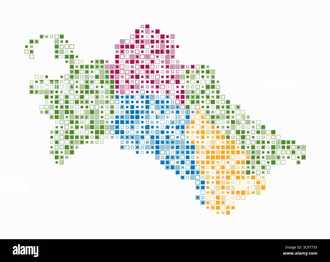 Turkmenistan, die Form des Landes, gebaut aus farbigen Zellen. Digitale Karte Turkmenistans auf weißem Hintergrund. Kleine quadratische Blöcke. Stock Vektor