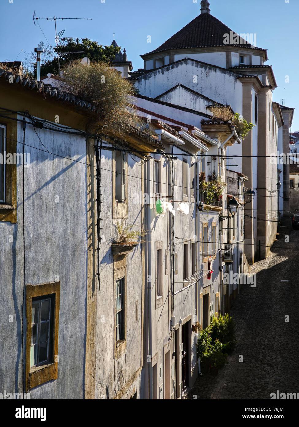 Sanftes Nachmittagslicht beleuchtet Rua de Santo Amaro, wo weiß getünchte Wände und kopfsteingepflasterte Straßen das friedliche Dorfleben widerspiegeln. Stockfoto
