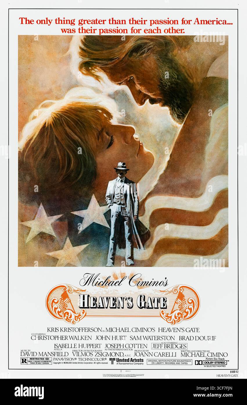 Heaven’s Gate (1980) von Michael Cimino mit Kris Kristofferson, Christopher Walken und Isabelle Huppert. In den brutalen Nachwirkungen des Johnson County Krieges in Wyoming der 1890er Jahre konfrontiert ein Bundesmarschall korrupte Rinderbarone und kämpft mit persönlichem Verlust, als seine Geliebte Opfer des Massakers wird. Foto eines Original-Posters aus dem Jahr 1980 mit einem Blatt, das AUSSCHLIESSLICH ZUR REDAKTIONELLEN VERWENDUNG VON Tom Jung DIENT. Quelle: BFA / United Artists Stockfoto
