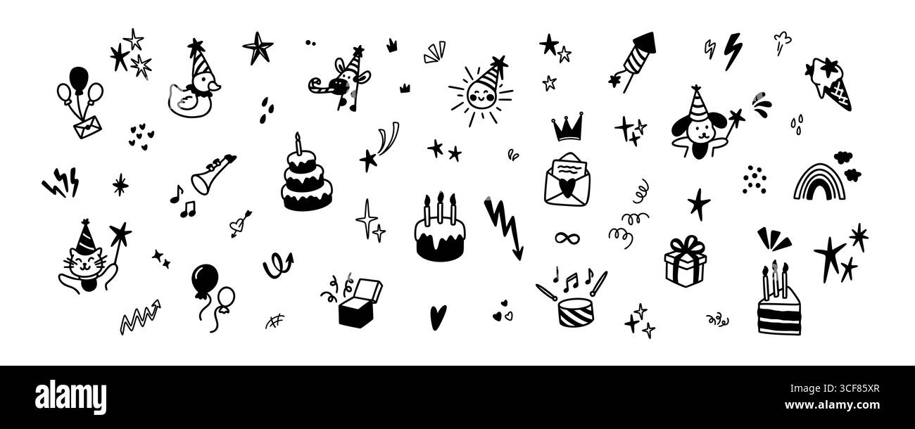 Niedliche Linie Doodle Baby Geburtstag Hintergrund Grafik Design. Kindliche, skurrile Kreidekreide. Ikonen, Elemente, Aufkleber für Feiertagskarten, Invita Stock Vektor