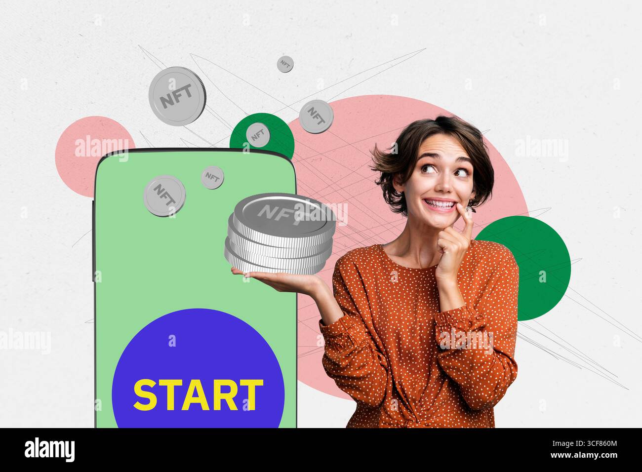 Kreative Composite Trend Artwork Collage von Smartphone Display Start junge Dame Lächeln Hand halten Münzen Einkommen Budget Cash Bank Stockfoto