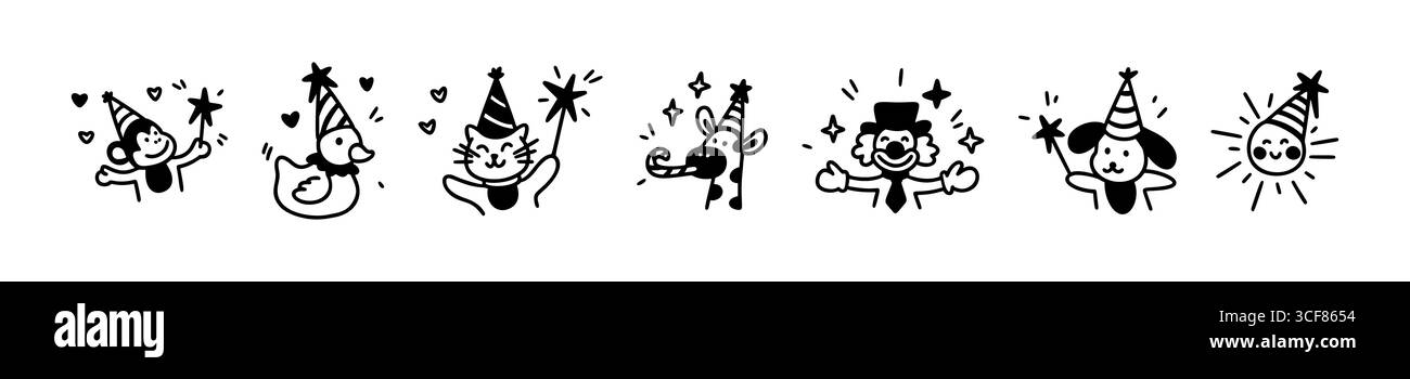 Set mit niedlichen Leinen-Doodle-Kindertieren. Designelemente für Geburtstagsfeiern, lustige Charaktere. Kindliche Zeichnung des Bundes. Hund, Katze, Giraffe, Ente, Affe, Clown Stock Vektor Set mit niedlichen Leinen-Doodle-Kindertieren. Designelemente für Geburtstagsfeiern, lustige Charaktere. Kindliche Zeichnung des Bundes. Hund, Katze, Giraffe, Ente, Affe, Clown Stock Vektor
