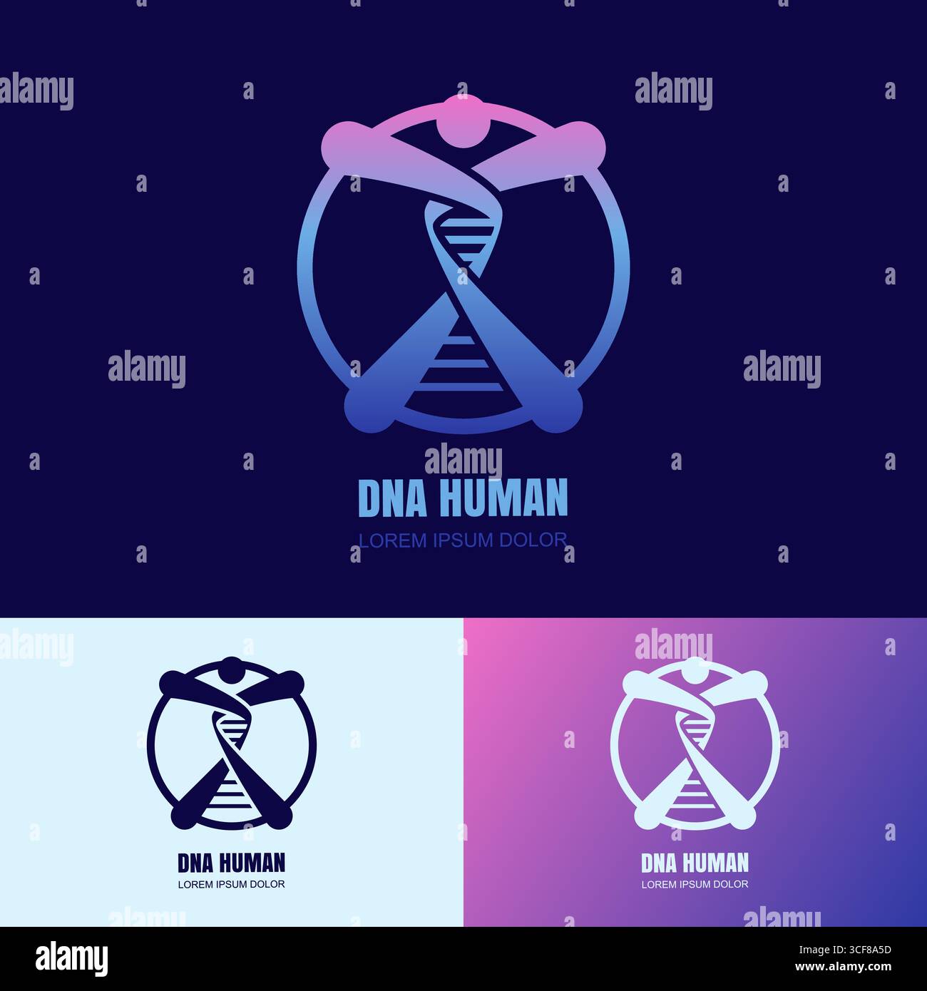 Design-Vorlage für DNA Helix Human-Logo-Emblem. Abstrakte medizinische Biotech-Vektorillustration. Konzept für Gesundheit, Wellness, genetische Forschung, la Stock Vektor