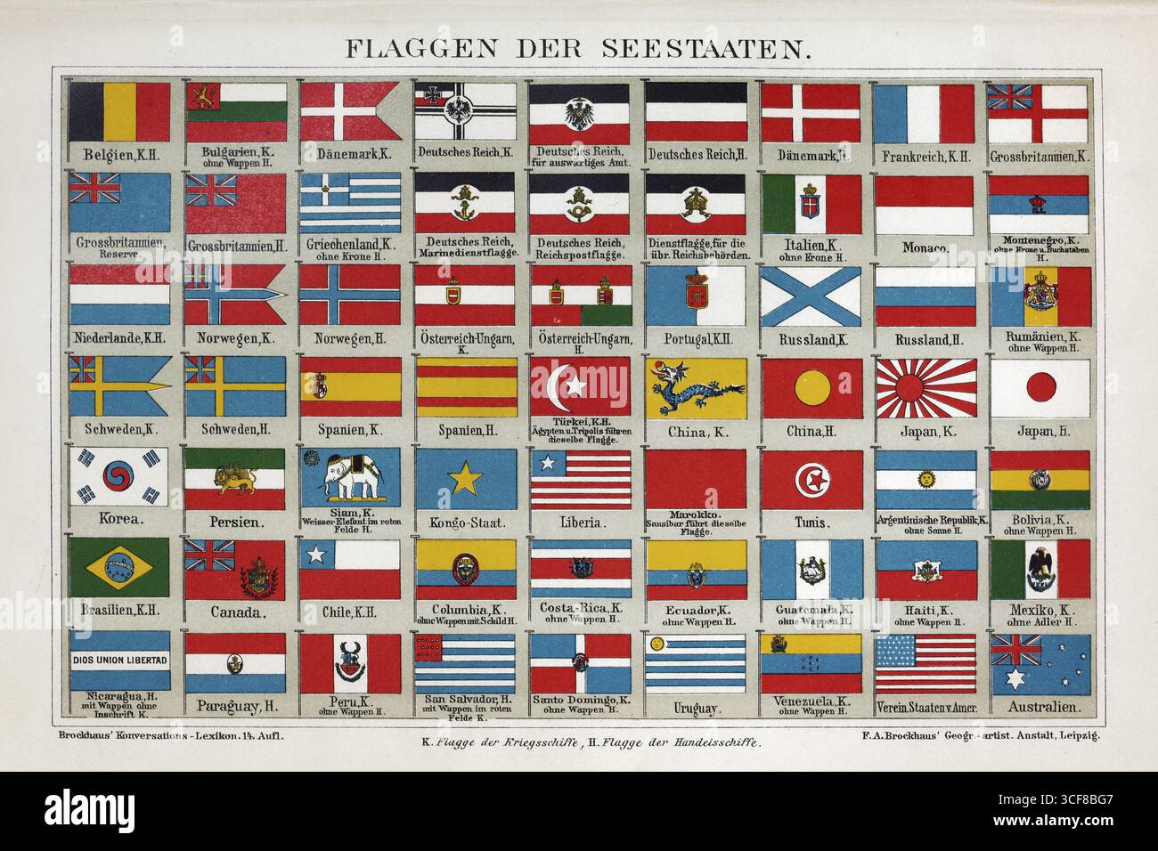 Schiffsflaggen der seestaaten um 1900, Kriegsschiffe, Handelsschiffe, Farblithographie, Buchillustration, Brockhaus Lexicon aus 1908, Deutschland Stockfoto