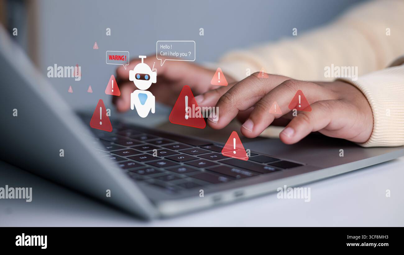 Warnungen zu Cybersicherheit und Notebooks. Online-Sicherheitsbedrohungen, KI-Betrug und die Bedeutung von Cyber-Bewusstsein und -Schutz. Hände, die auf einem Laptop tippen, W Stockfoto