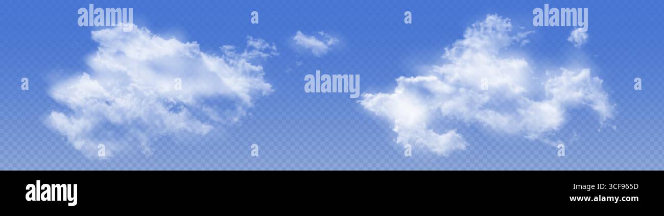 Realistische weiße Wolkenformationen auf transparentem Himmelhintergrund - flauschige Kumulusformen mit weichen Kanten, die in der blauen Himmelsatmosphäre schweben, für Wettervorhersage, Naturszene oder digitale Komposition. Stock Vektor