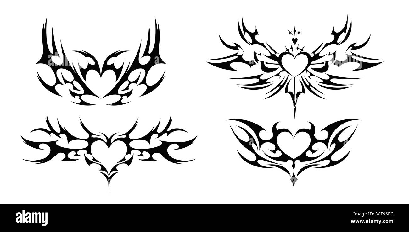 Gotische Herzrahmendesigns mit Stammesflügeln - schwarze dekorative Silhouetten für Tattoo-Kunst, dekorative Borten mit spitzen Elementen, dunkle romantische Vektorgrafiken für mystische Themenprojekte. Stock Vektor