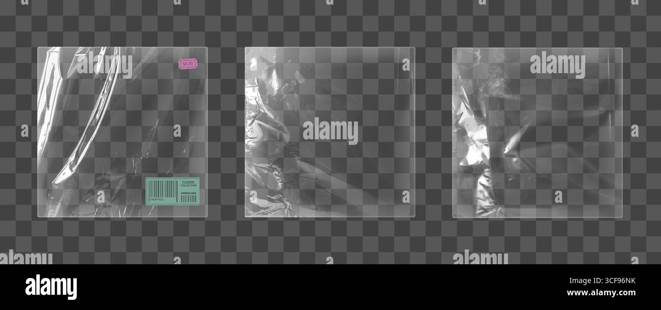 Transparentes Vinylfolien-Set aus Kunststoff – transparente Verpackungsmaterialien, glänzende Schutzfolien mit klassischem grünem Barcode-Etikett, Preisaufkleber auf dem Display für Lagerung und Versand. Stock Vektor