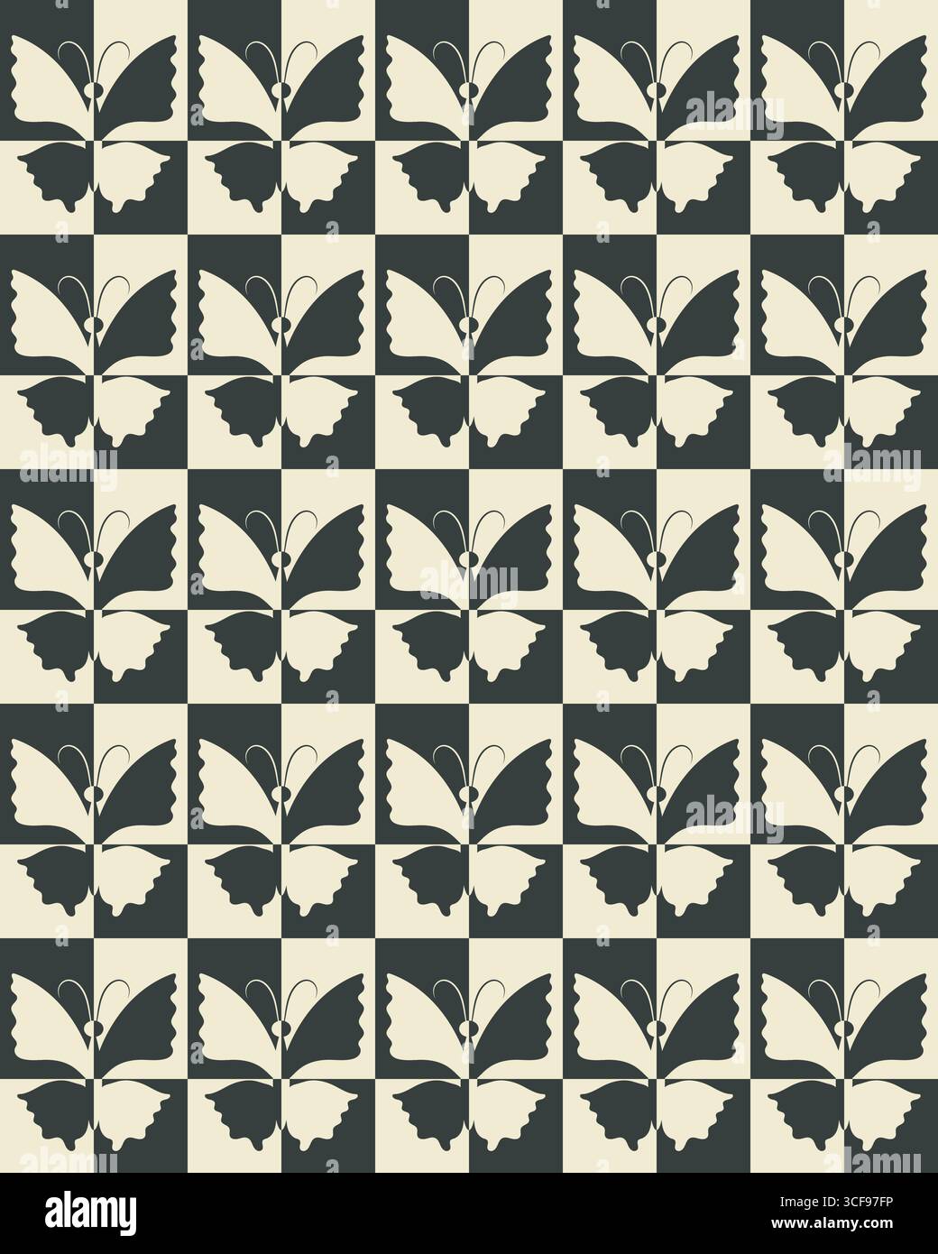 Schachbrett, nahtloses Muster mit Schmetterlingssilhouette. Dekoratives geometrisches Gitter. Schwarze weiße Vintage-Farbpalette. Klassisches grafisches Design Stock Vektor